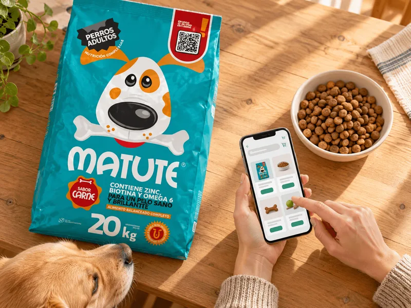 Una persona elige alimento en la tienda desde el celular, junto a una bolsa Matute
