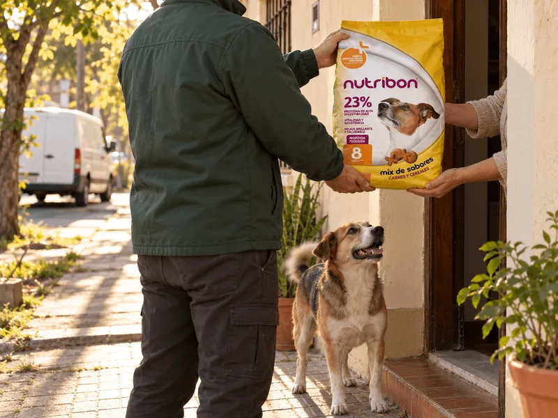Entrega de una bolsa de alimento Nutribon en la puerta de una casa