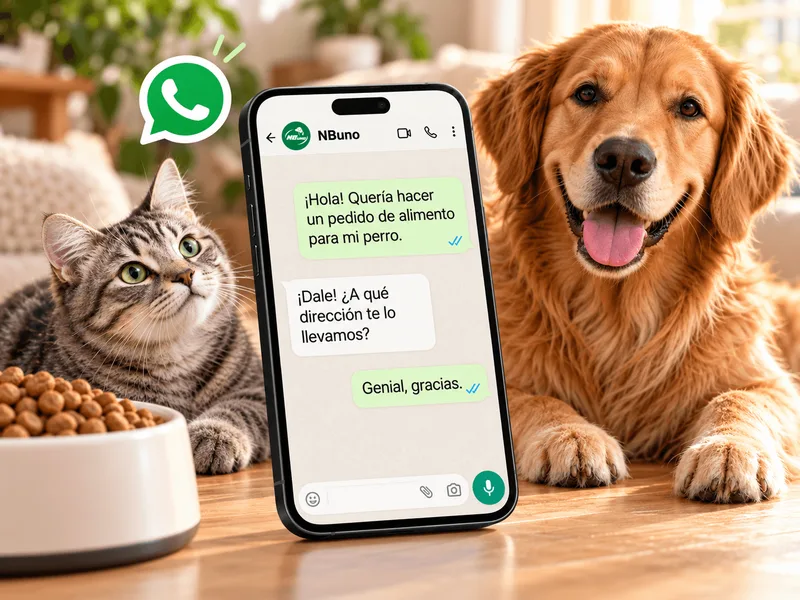 Un celular con el chat de WhatsApp de NBuno, entre un perro y un gato