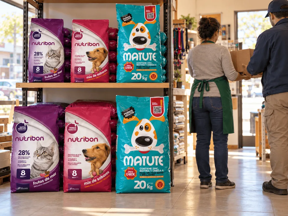 Un comerciante recibe una entrega de bolsas de alimento Nutribon en su forrajería